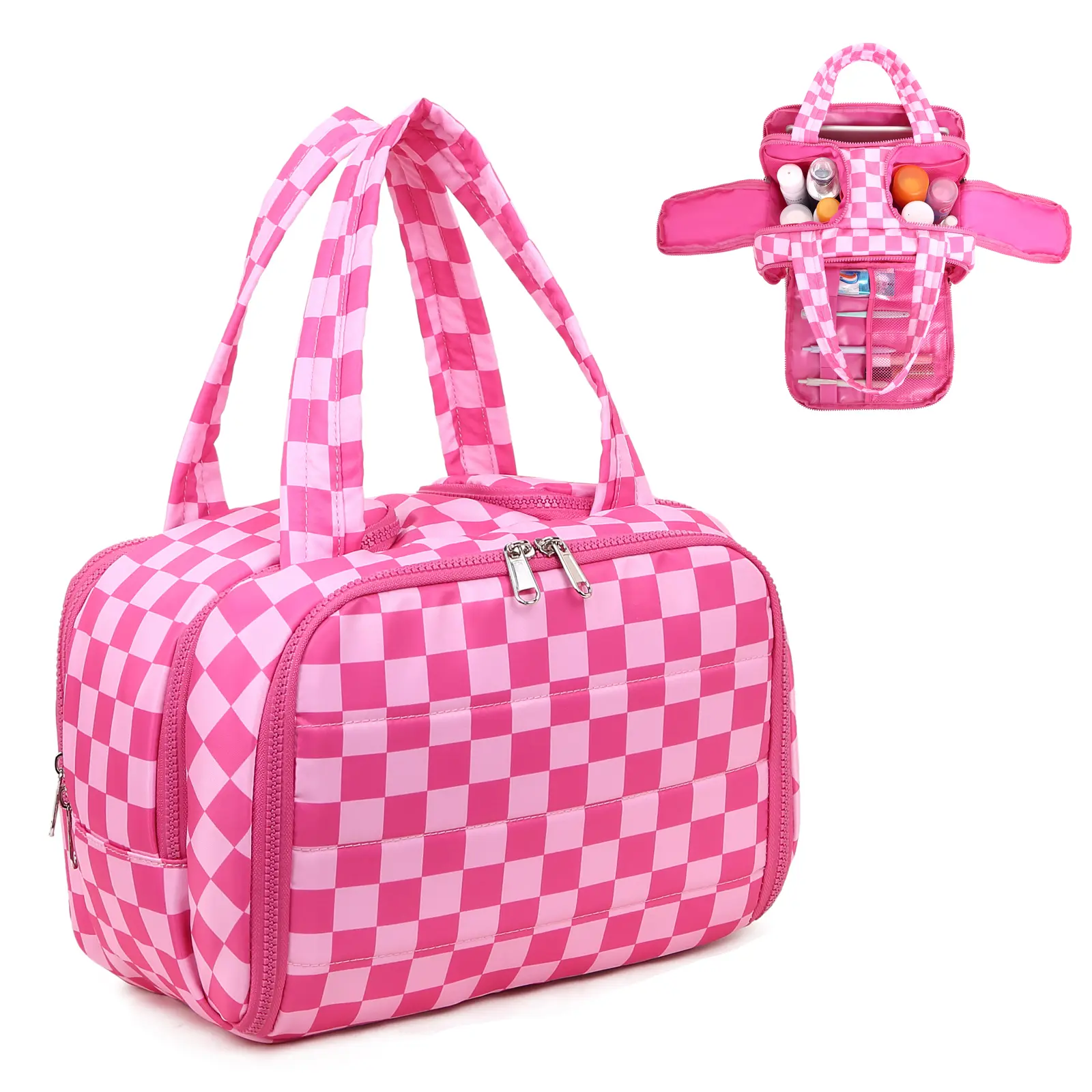 Women's High-Capacity Waterproof Checkered Toiletry Bag - Travel Makeup Organizer, Portable Cosmetic Pouch, Multi-Partition Functional Travel Handbag
