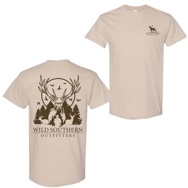 Wild Southern Outfitters Men’s & Women’s Fitted Cotton Round Neck Short Sleeve T-shirt, 2-sided Sunset Deer Scene Graphic Tee, Everyday Outdoor Casual Wear for Nature Fans – KitchenEra
