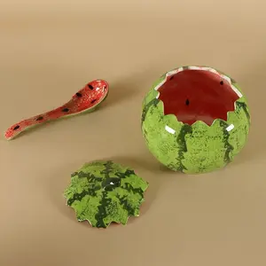 Creative Ceramic Hand-Painted Watermelon Shape Glazed Sugar Jar Canister, Modern Home Storage Container, Model Xinghao, No Ca Prop 65 Re