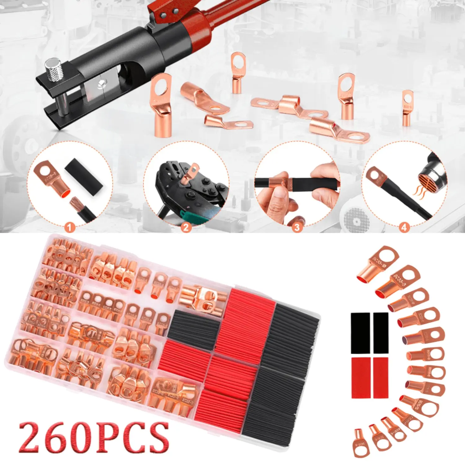 260pcs AWG12 10 8 6 4 2 Cable Battery Lugs,Heavy Duty Wire Lugs,Ring Terminals,Battery Cable Ends,120Pcs Battery Cable Lugs Ends and 140Pcs Heat Shrink Tubing