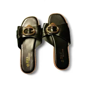 Elegant Black Slip-On Sandals with Gold Accent - Girl Walking Shoes for Stylish Comfort