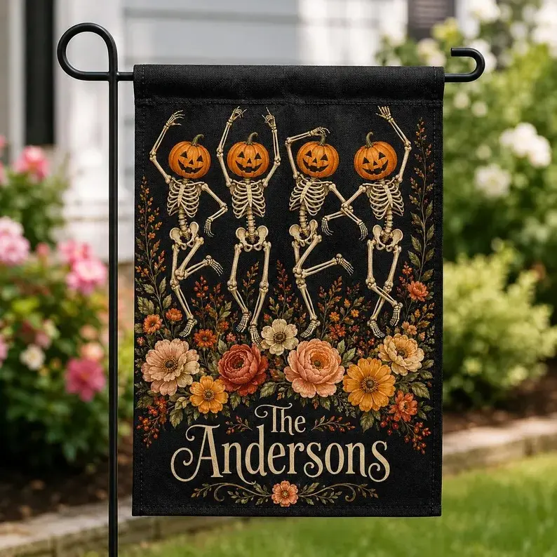 Personalized Halloween Garden Flag - Custom Family Name Decor House Banner with Dancing Skeleton, Pumpkin, Available in 12x18 in & 24.5x32 in Sizes