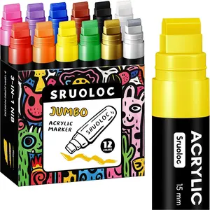12 Colors Jumbo Markers, 15mm Jumbo Felt Tip, Acrylic Paint Markers for Rock Painting, Poster, Stone, Ceramic, Glass, Wood, Canvas