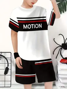 Boys' Fashionable 3D Striped Sets Patchwork Letter Print Casual Hoodie Short Sleeve Shorts Set, Outdoor Athletic Sports Wear