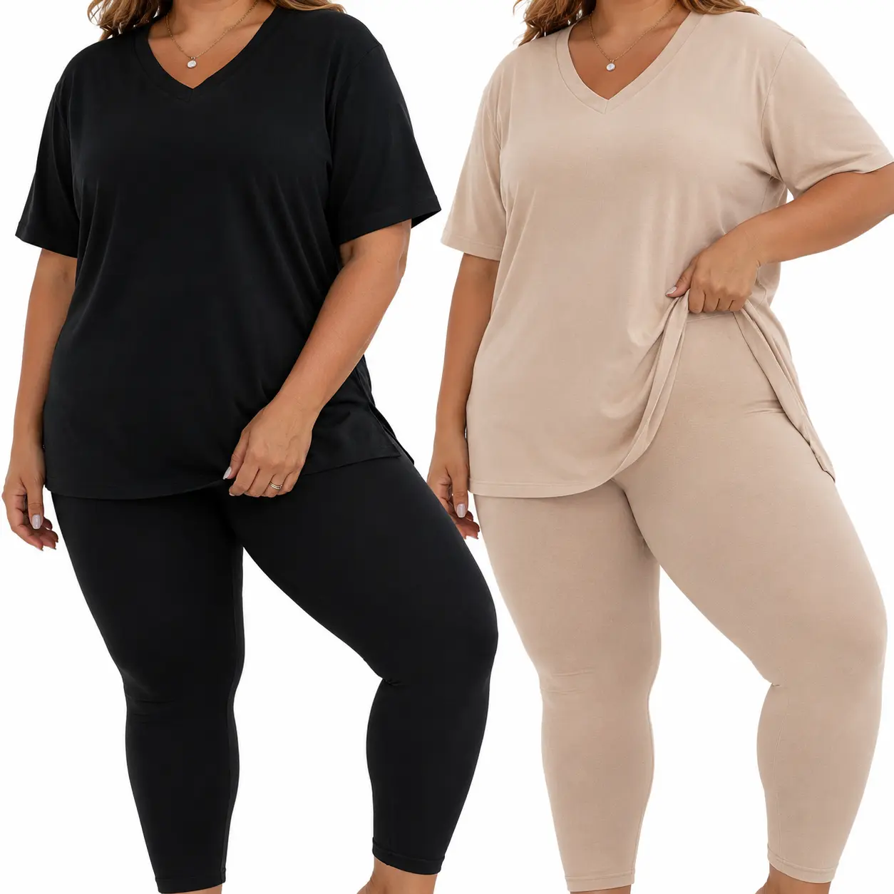 Plus Size Loungewear for Women, a Comfortable and Stylish 2-Piece Solid Set with a Soft Short Sleeves V-Neck Top and Stretch Leggings, Style, Soft Fabric, 2Xl, Matching, Shortsleeve, Everyday