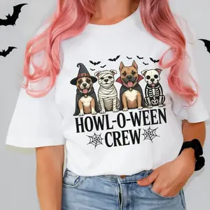 Howl-O-Ween Crew T-Shirt - Four Cute Dogs In Witch, Mummy, Vampire And Skeleton Costumes With Bats And Spiderwebs, Funny Halloween Graphic Tee For Women And Men, Spooky Season Party Outfit, Halloween Gift For Dog Moms, Dog Dads And Pet Lovers Top Fabric