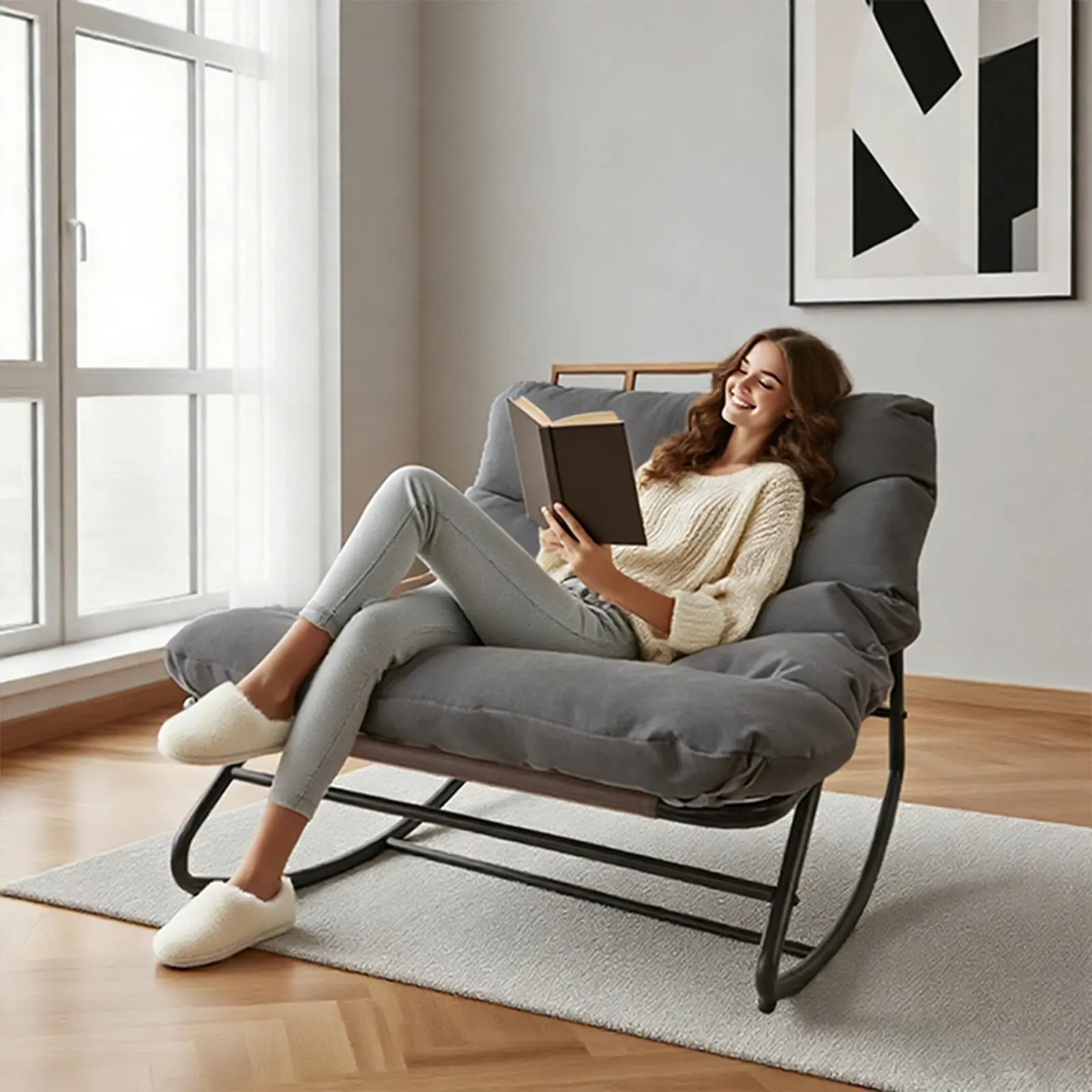 Oversized Indoor & Outdoor Rocking Chair Set, Modern Metal Lounge Chairs with Thick Cushions, High Back Rocker for Living Room, Patio, Porch, Garden & Backyard mckinley  leather  furniture