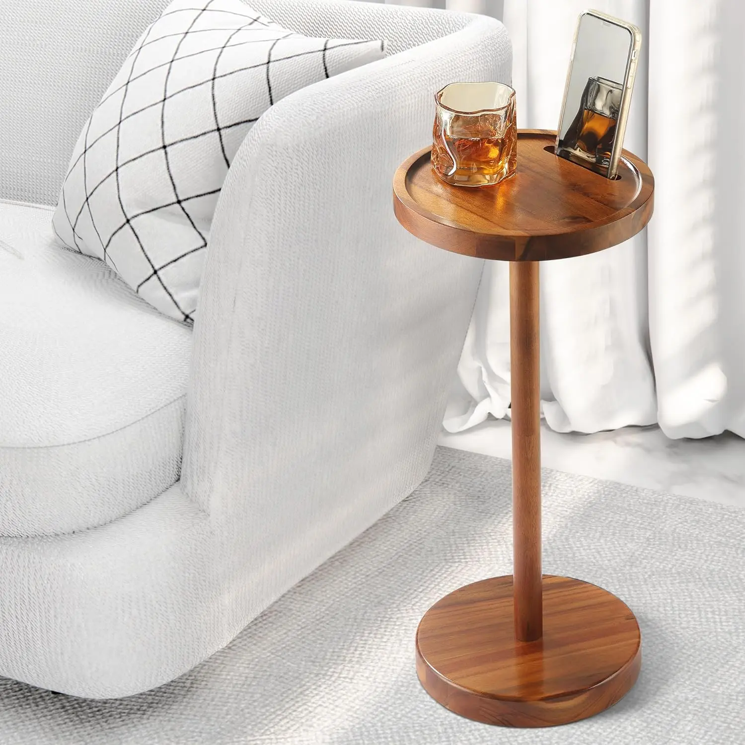 22" Acacia Pedestal Drink Table for Small Spaces with Phone Slot | Weighted No-Wobble Base, Water-Resistant Acacia Wood And Compact Round End Table Design For Drinks Beside Sofas Or Beds