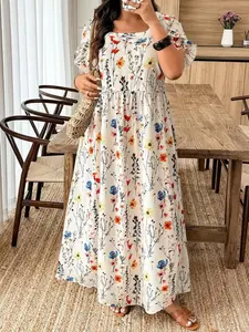 Women's Casual Holiday Style Plus Size Short Sleeve Dress, Womenswear Random Print Design, Multi-Purpose, Suitable for Daily Wear & Special Occasions