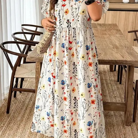Women's Casual Bohemian Boho Vintage Floral Holiday Style Plus Size Short Sleeve Summer Dress, Random Print Design, Multi-Purpose, Suitable for Daily Wear & Special Occasions, Boho Style Dresses, Boho Styles Fashion