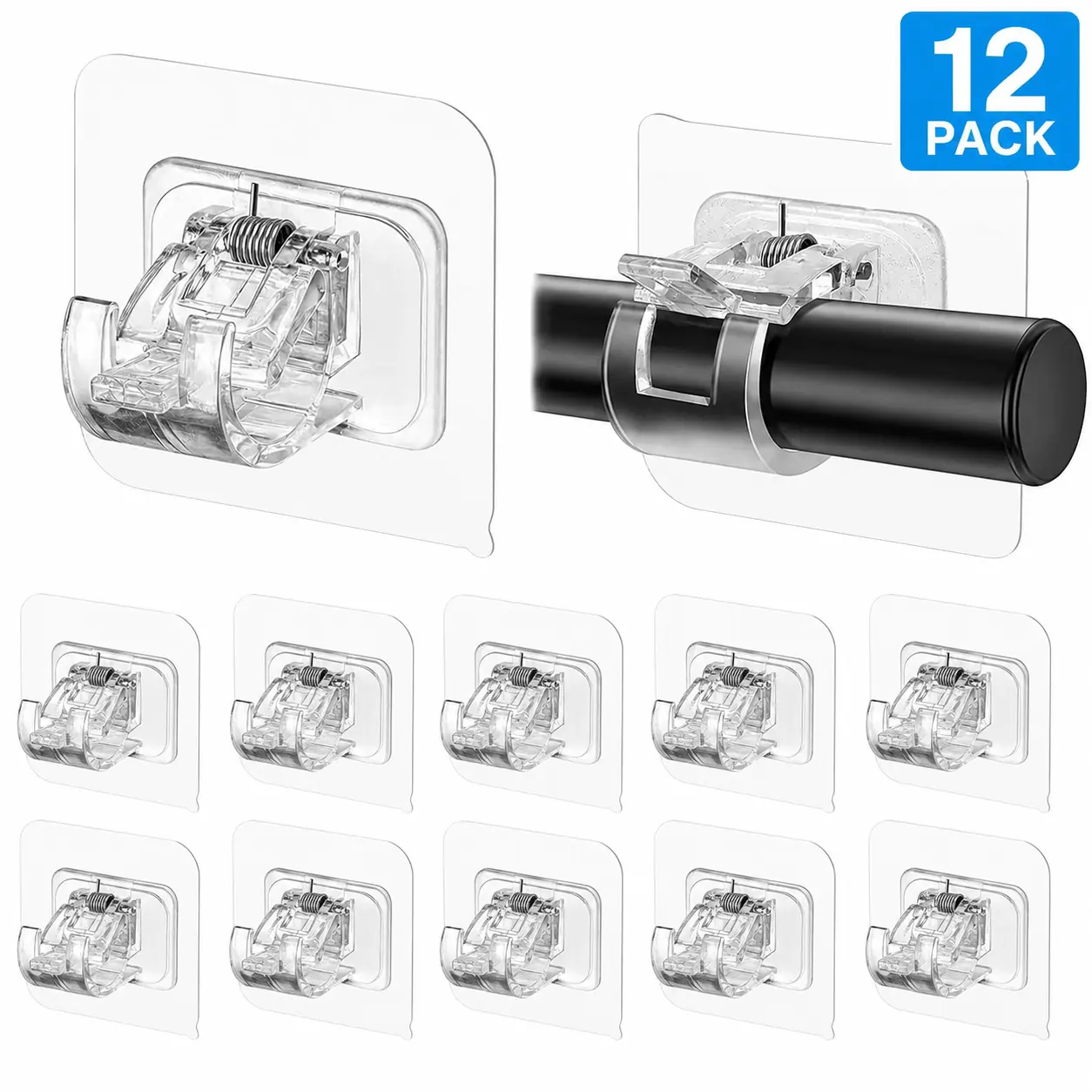 12PCS Adhesive Bracket Set - ABS+Steel No-Drill Curtain Rod Holders, Nail-Free Adjustable Hooks for Smooth Walls, Home Window Use (Transparent)