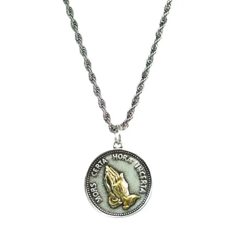 2-Tone Metal Charms Necklace with Hand-Shaped Pendant, Engraved 'CERIA HORA INCERIA' Faith-Based Fashion Jewelry, Meaningful Gifts for Spirituality, Hand-Shaped Necklaces, Gold, Engraved Text, Religious Jewelry, Trendy Charm Necklaces