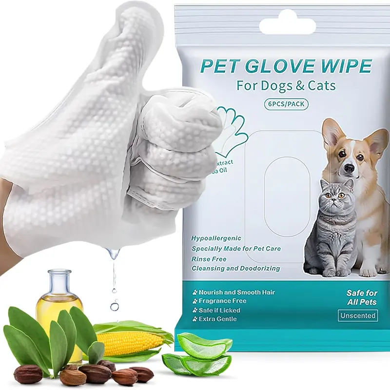 SUNTIRC 6 PCS Pet Grooming Wipes - Compact Glove Format, Jojoba Oil Natural Ingredients, Thick Moisturizing, Hypoallergenic No-Rinse, Cleaning & Deodorizing for Dogs/Cats' Sensitive Skin Daily Care, Nourish & Smooth Hair