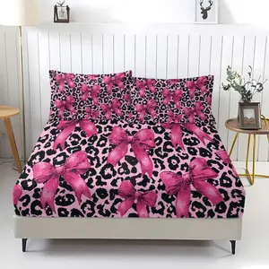 3-Piece Leopard Print Bow Pattern Bed Sheet, Soft And Durable Bedding Set, Including 1 Bed Sheet And 2 Pillowcases, Suitable For Children And Adults Daily Holiday Birthday Gifts, Bedroom Decorations