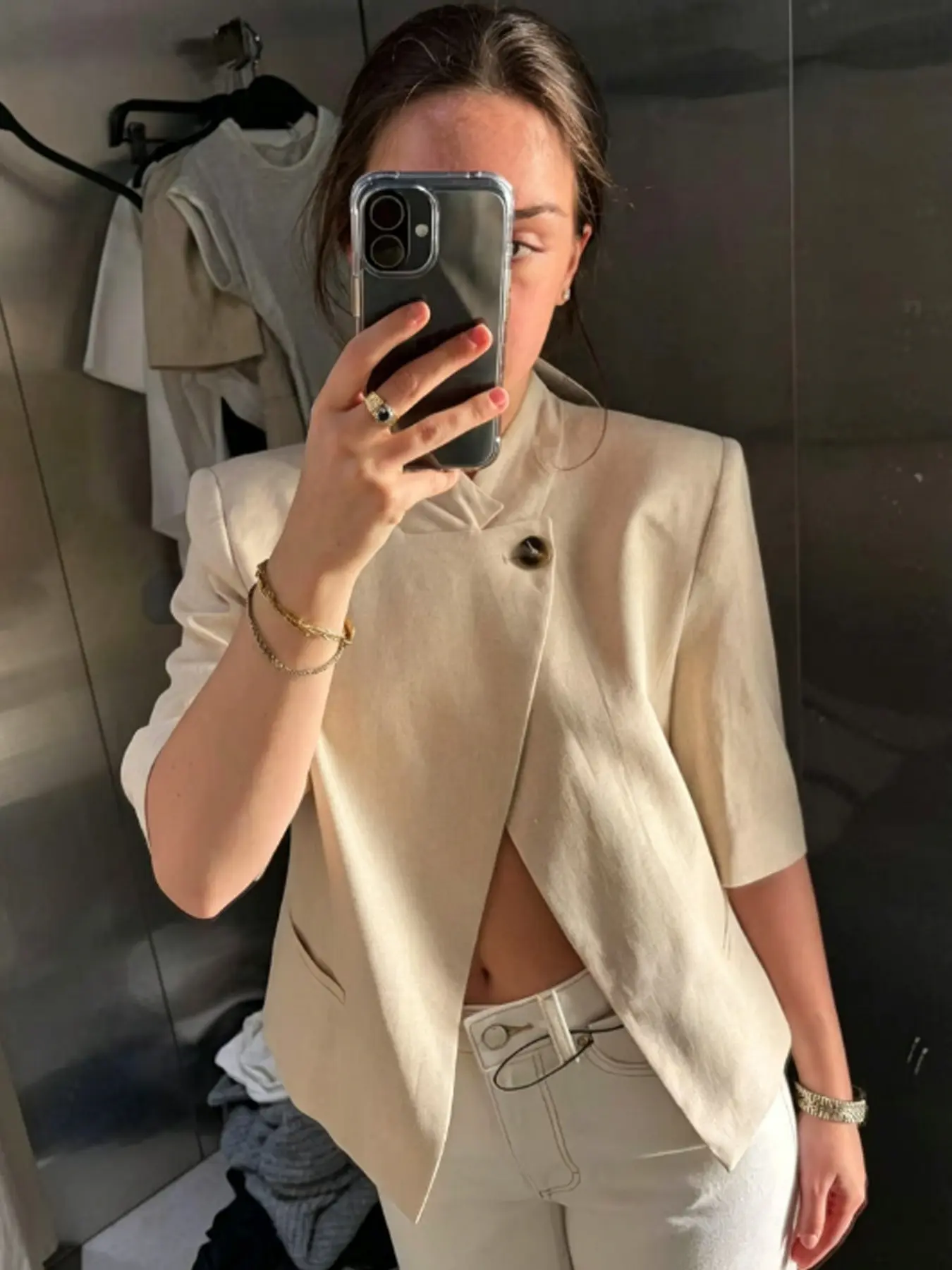 Cropped Linen Khaki Blazer Woman Summer 2026 Asymmetric Button Tailoring Short -Sleeved Suit Jackets Elegant Casual Office Commute Wear Outerwears Fashion High Street Blazers For Woman