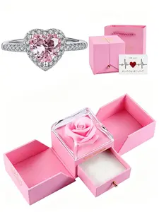 Luxury Heart Zircon Engagement Ring with Preserved Rose Box | Hypoallergenic Stainless Steel, Adjustable Sizes 6-12, Tarnish-Resistant, Elegant Jewelry for Women, Perfect Valentine's/Anniversary Gift, Chic Promise Ring for Girlfriend, Ideal for Love