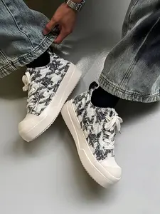 Men's Black - White Plaid Platform Casual Shoes, Retro Trendy Style, Tweed Material, Versatile & Comfortable, Ideal for Daily Outfits & Leisure Outings
