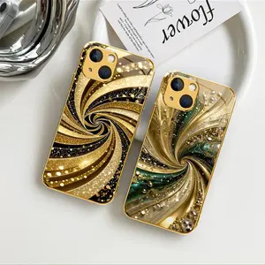 Meiya Luxury Gold-Plated Edge Case Liquid Swirl Glitter Glass Cover for iPhone 14 Plus ---975