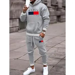 2-piece Paris printed men's spring and autumn sportswear set, men's hooded sweatshirt with kangaroo pocket and drawstring sweatpants set Athleisure Style