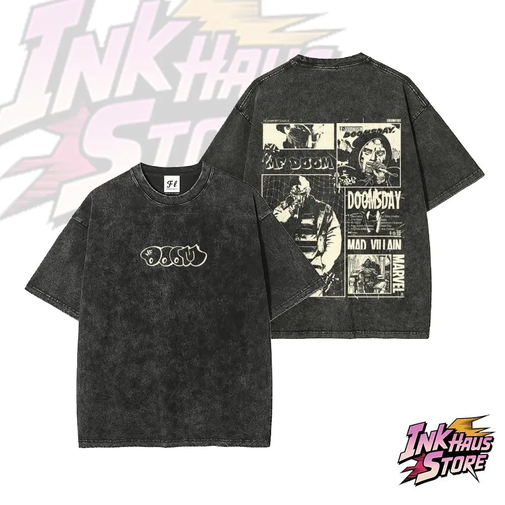 "DOOM" acid wash tee,graffiti-style streetwear,hiphop music lovers underground;*Operation: Doomsday* and *Madvillainy*.--Short Sleeve Cotton Unisex Retro Oversized