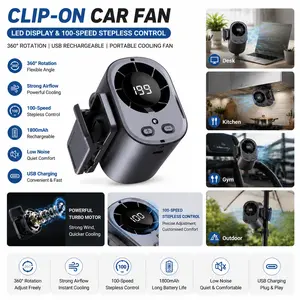Clip-On Car Fan with LED Display, 360° Rotating USB Rechargeable Portable Cooling Fan, Adjustable 100-Speed Stepless Control, Desktop, Backseat, Car Vent, Travel, Office, Home Use#SummerVibes