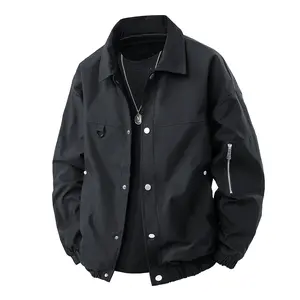 Men's Black Casual Jacket with Silver Buttons & Zippered Sleeve Detail Notched Lapel Style Modern Minimalist Outerwear with Included Necklace