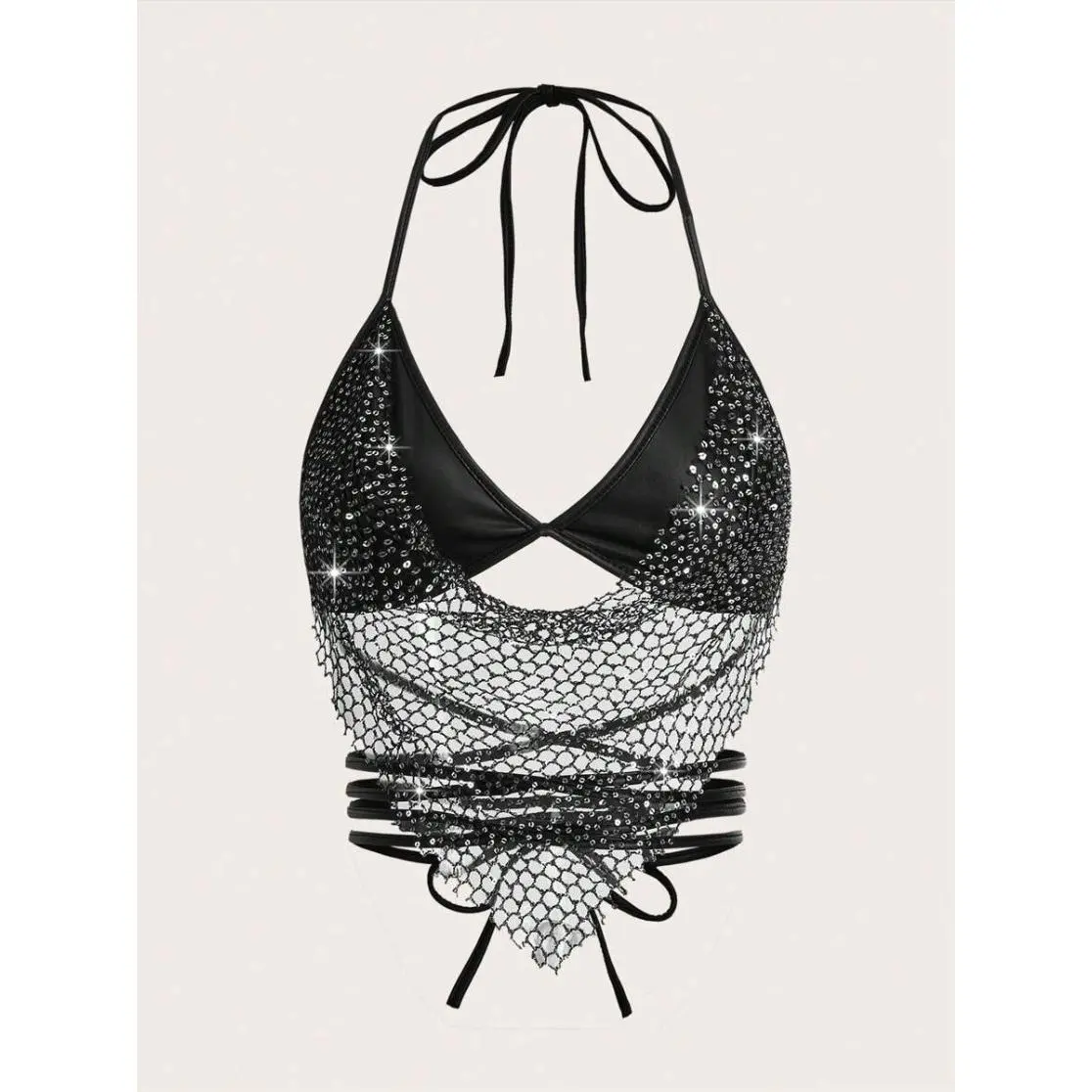 ICON Women Fashionable Fishnet Halter Neck Y2K Football Jersey Glitter Party Bra Top With Straps And Open Back