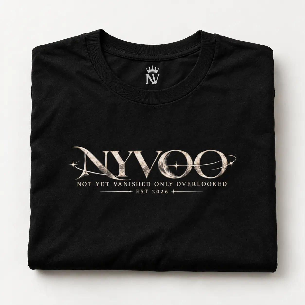 NYVOO Men's 'Not Yet Vanished' Graphic Menswear Ribbed Tee Top - Crew Neck, Casual Fit, Knit Minimalist Cotton Fabric, Celestial Moon & Cloud Backprint Tshirt