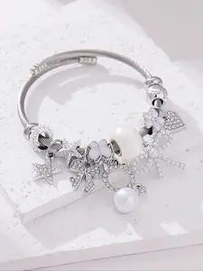 Rhinestone & Faux Pearl Decorated Bracelet, Pretty Bracelet, Star & Butterfly Design Charm Bracelet, Stainless Steel Bracelet for Women & Girls, Fashion Jewelry for Party, Daily Decor
