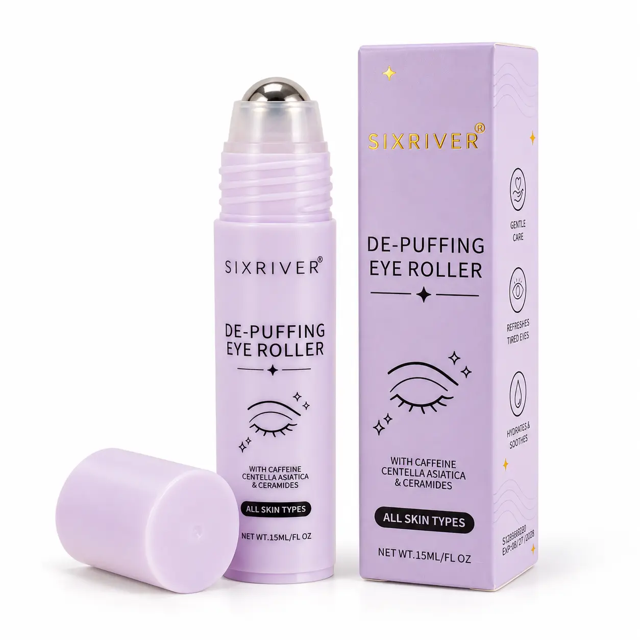 De-Puffing Eye Roller Serum, Caffeine Under Eye Roller with Ceramides & Centella Asiatica for Puffy Eyes, Dark Circles, Tired-Looking Eyes & Hydration, 15mL