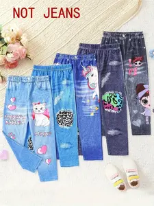 Girl's Cartoon Print ＆ Denim-effect Print Pants, Casual Comfy Trousers for Spring & Fall, Kids Bottoms for Daily Wear