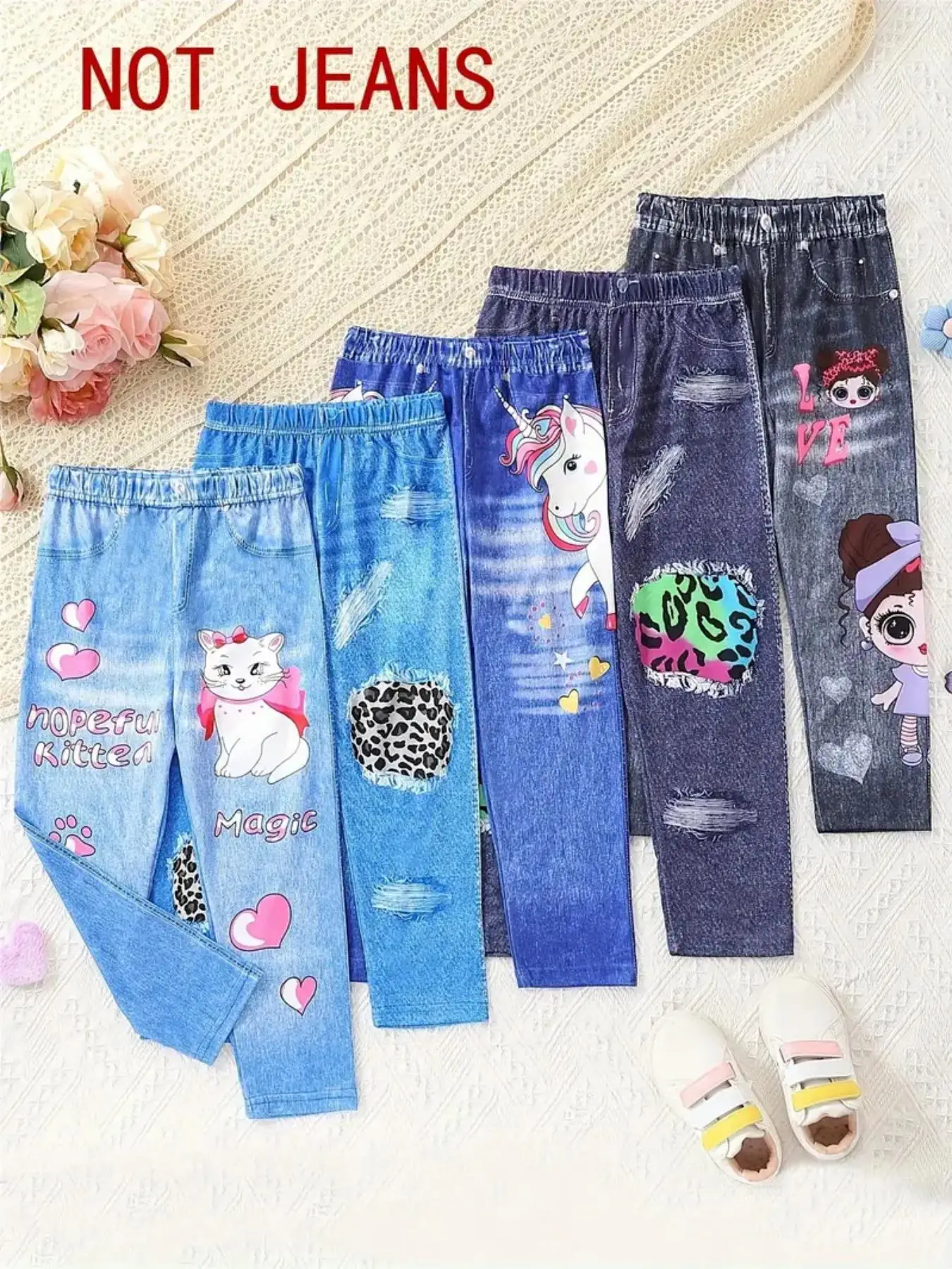 Girl's Cartoon Print ＆ Denim-effect Print Pants, Casual Comfy Trousers for Spring & Fall, Kids Bottoms for Daily Wear