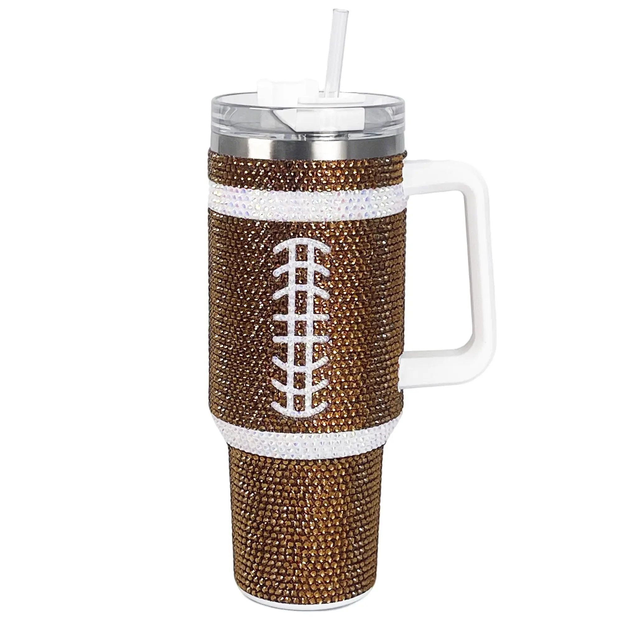 Cupcupmore 40oz (1.18L/1000-2000ml) Football Bling Rhinestone Stainless Steel Sippy Tumbler - Glam Glitter Vacuum Insulated Heat Resistant Cold Keeper Flask with Straw, Lid, Handle, Car Cup Holder - 12-Hour Cold Retention for Drinks, Coffee