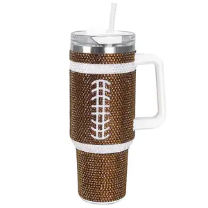 Cupcupmore 40 oz Football Bling Rhinestone Stainless Steel Sippy Tumbler Glitter Vacuum Insulated Thermal Water Bottle with Straw & Lid &Handle,Sparkle Car Cup Holder,Keeps Cold 12 Hours Drinks,Coffee