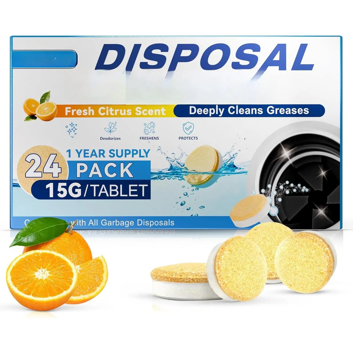 Garbage Disposal Cleaner Deodorizer Tablets 24 Pack Dishwasher cleaning supplies Washing Machine Fresher Sink Drain Kitchen Drain Cleaning Care Odor Disposer With Foaming Action