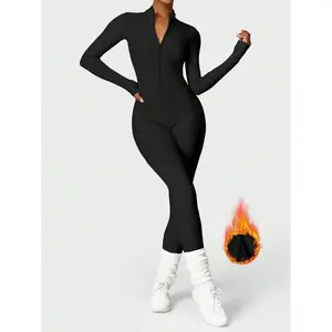 Women's Sexy Fleece Long Sleeve Zipper One Piece Bodysuit for Casual Wear