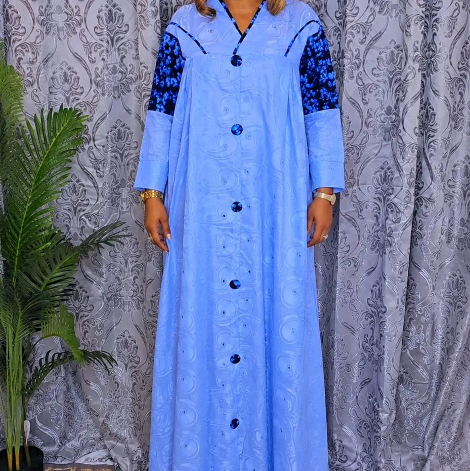 Ankara dress mix with cotton lace color baby blue and blue 3pcs sets comes with wrap and head wrap . Elegant