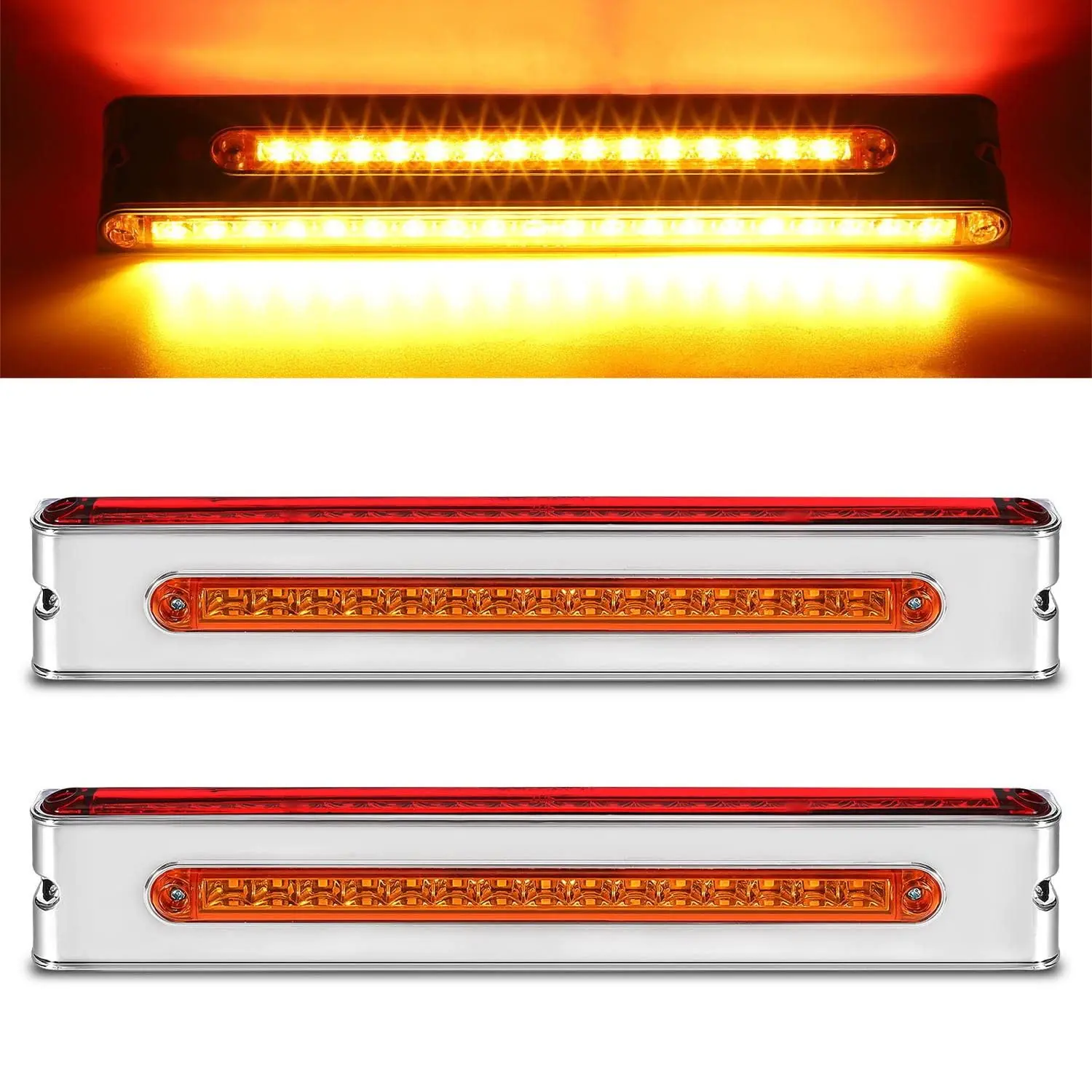Partsam 2Pcs 12" Double Face Stop Turn Tail Light Bar Chrome with Side Marker Indicator Lights 55 LED, 12 Inch Triple Face Led Trailer Light Bar Surface Mount, 12" Double Face Auxiliary Light Bar