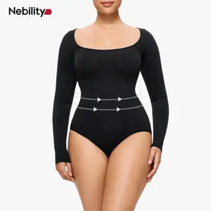 Nebility Women's Minimalist Slim-Fitting Long Sleeve Square Neck Bodysuits for Going Out Basic Leotards Outfits Shirt Tops Womenswear