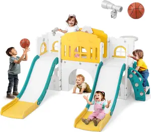 9 in 1 Toddler Slide, Toddler Playground with Double Slides, Climber,Basketball Hoop,Tunnel, Telescope, Storage Space and Non-Slip Step, Indoor Outdoor Backyard Playset for Toddlers Age 1-3+