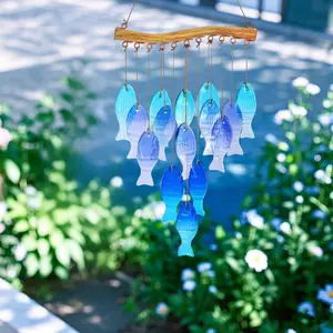 Rustic Wooden Glass Fish Wind Bell, Perfect Beachy Garden Decor, Unique Outdoor Decoration, Stylish Home Accessory