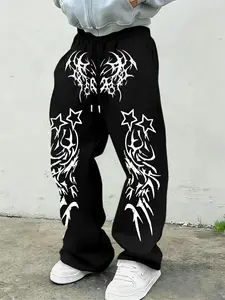 Men's Black Loose Wide-Leg Sweatpants - Gothic Print + Star Element Dark Street Style Casual Joggers