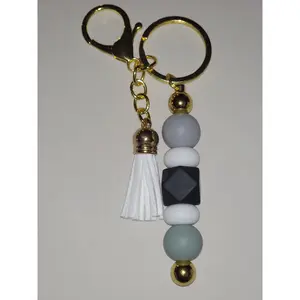 Gray & Black Beaded Keychain with White Tassel