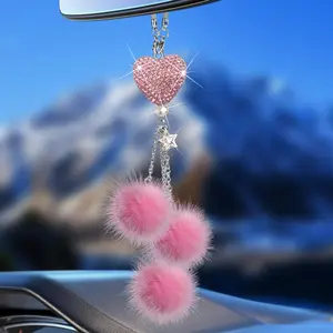 JOKG Pink Bling Car Accessories Interior for Women - Girly Crystal Car Rearview Mirror Decor, Cute Rinestones Diamond para Carro de Mujer, Vehicle Mirror Decor Love Heart [Fuzzy Plush Ball]