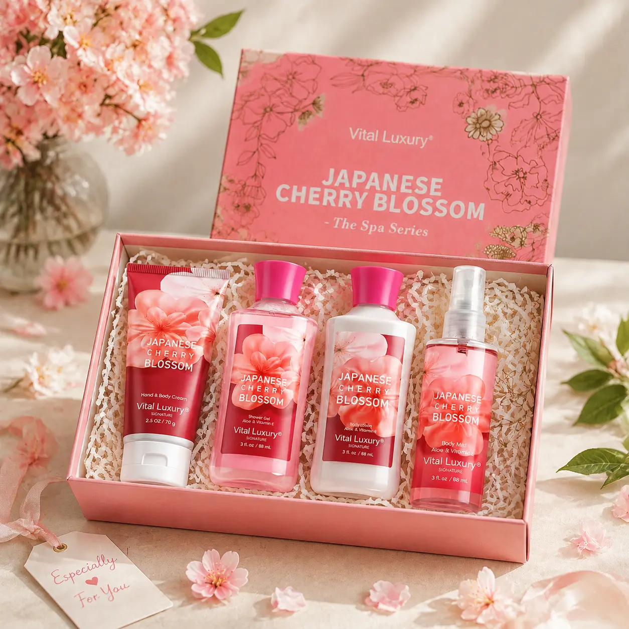 Vital Luxury Cherry Blossom Travel 4-Piece Bath & Body Care Gift Set - Body Care Sets with Wash, Moisturizer, Butter, Fragrance Mist - Soft Fresh Layers, Hydrating Creams & Sprays - Suitable for All Women's Ideal Gift, Hydrating Care