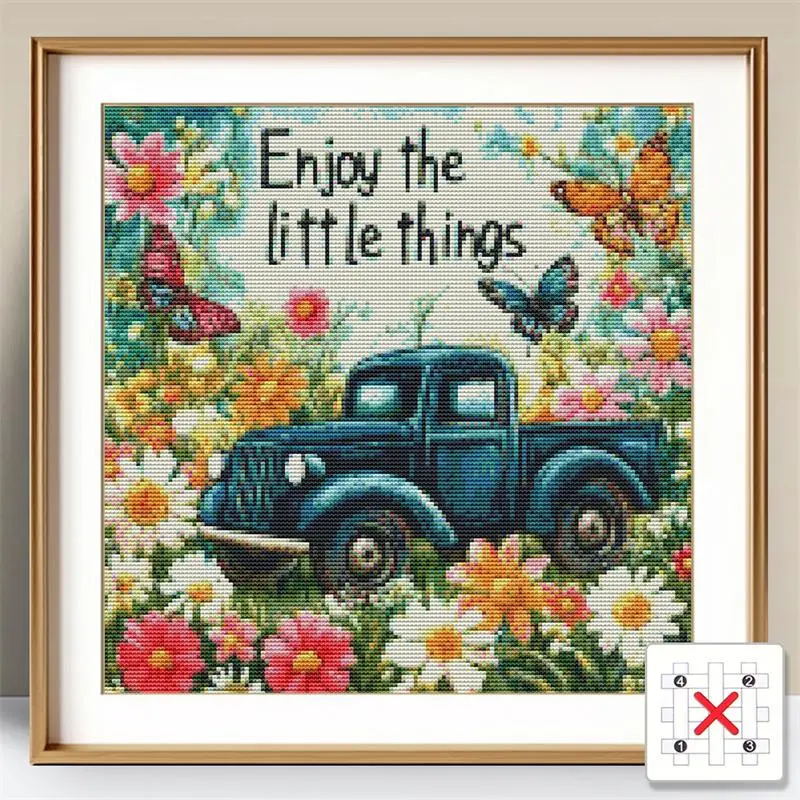 Daisy & Truck & Butterflies Pattern DIY Counted Cross Stitch Kit without Frame, DIY Counted Embroidery Kit, Wall Decoration for Home Living Room Bedroom