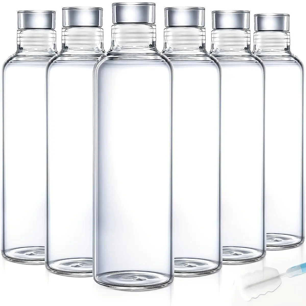Washable 6-Piece High Borosilicate Glass Bottles Reusable Set - 18oz Reusable Juice/Water Bottles with Lids, Protective Sleeves, Cleaning Brushes (Kitchenware Sports Drinkware), Cylindrical, Six Pieces