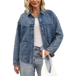 INSPIRE CHIC Women's Denim Long Sleeve Button Down Casual Western Shacket with Pockets Jean Jackets Gray Blue XX-Large