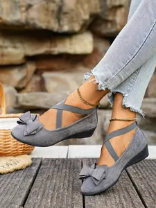 New Retro Velvet Bow Cross Strap Wedge Mary Jane Shoes, Fashion Shoes, Chic Shoes, Comfortable Anti-Slip Soft Sole, Casual All-Season Footwear, Multiple Colors Available
