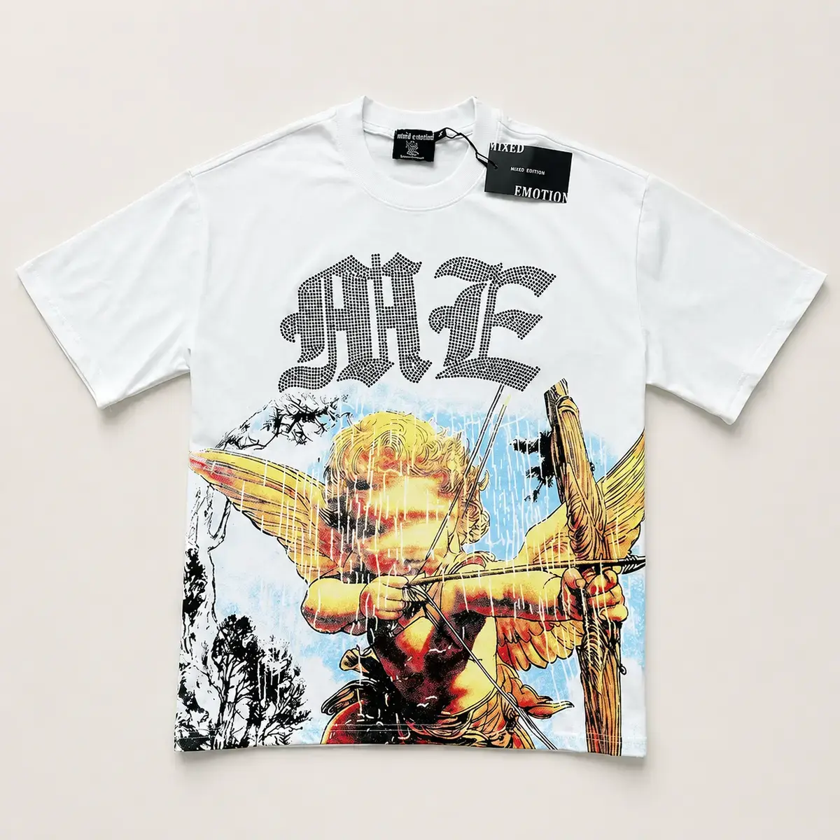 Men's 2026 Mixed Emotion Rhinestone Embroidery Streetwear Tee - Oversized Angel Graphic Breathable Cotton Menswear, Casual Round Neck Shortsleeve Urban Hip-Hop Gothic Artistic Print Loose Fit Sports Top, Tshirt, Graphic Shirts, Clothes, Graphic Tee